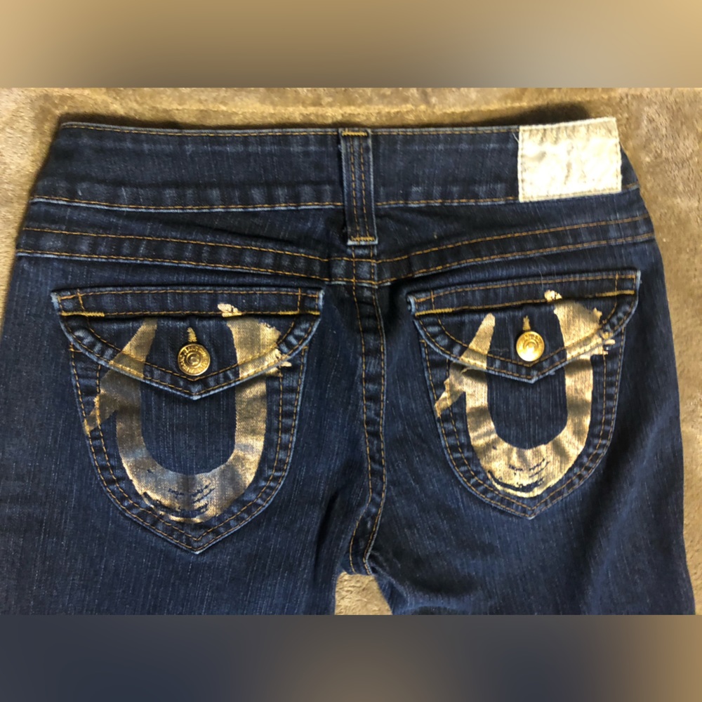 True Religion brush painted flap pocket jeans, blue, size 29
